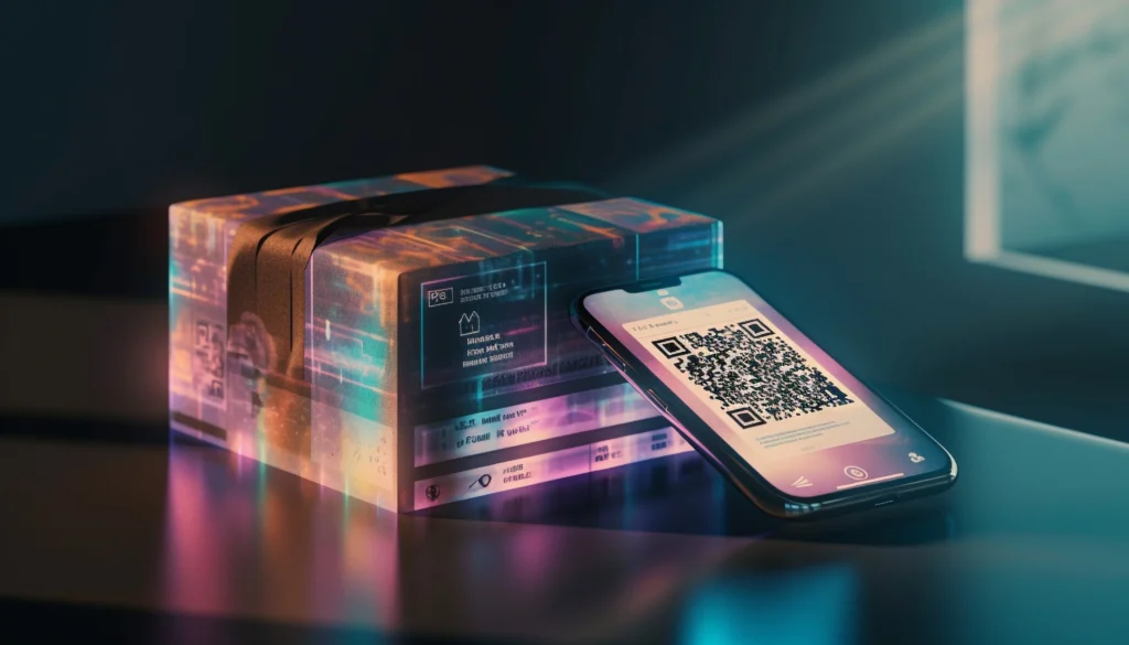 Etiquetas de envío y códigos QR junto a paquetes.